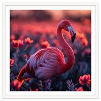 Pink Flamingo Bird Standing Among Flowers At Sunset