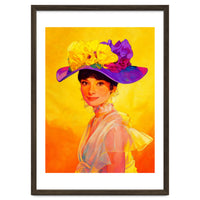 Audrey Hepburn Pop Art, Vibrant Floral Hat Portrait, Iconic Movie Star Illustration