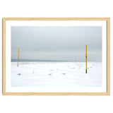Seagulls in between the volleyball poles in winter snow beach thumbnail