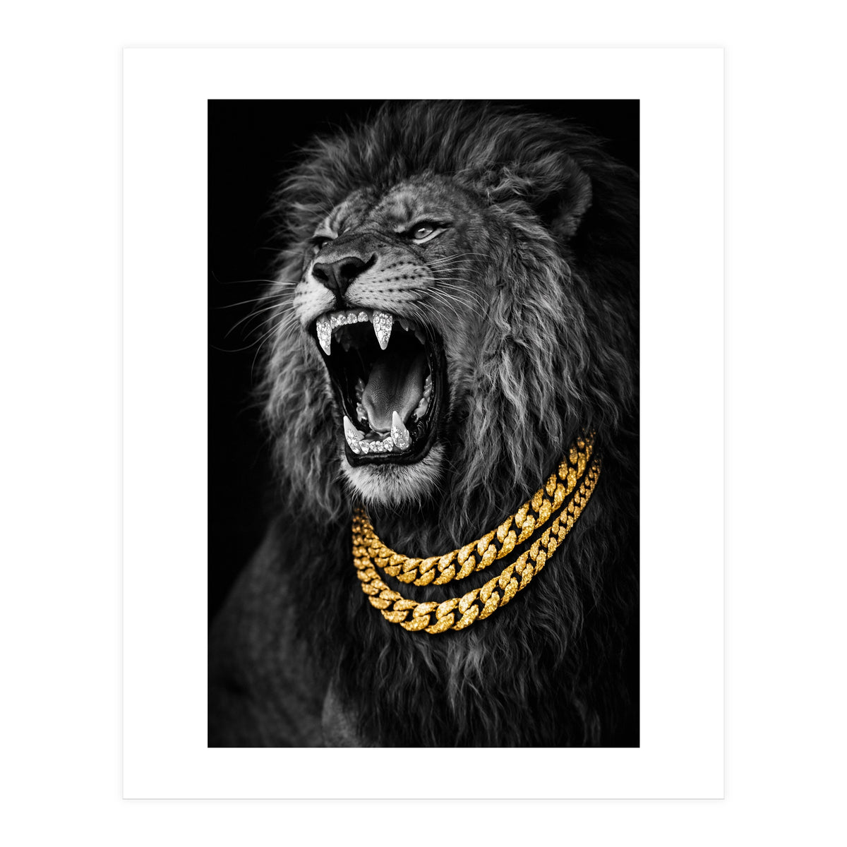 Bejweled hyper-realistic lion photography,diamond fangs portrait (Print Only)