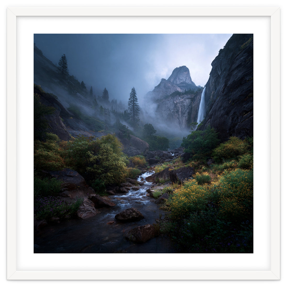 Majestic Misty Mountain Valley with Cascading Waterfall