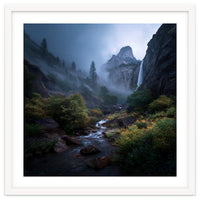 Majestic Misty Mountain Valley with Cascading Waterfall
