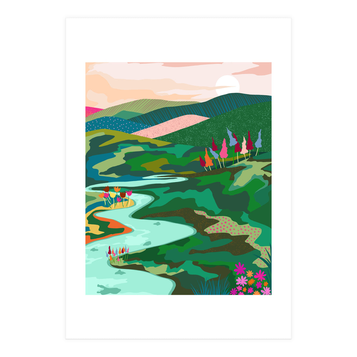 Endless Love, Bohemian Nature Landscape Scenic Meadow, Eclectic Colorful Travel Forest Mountains Sunset (Print Only)