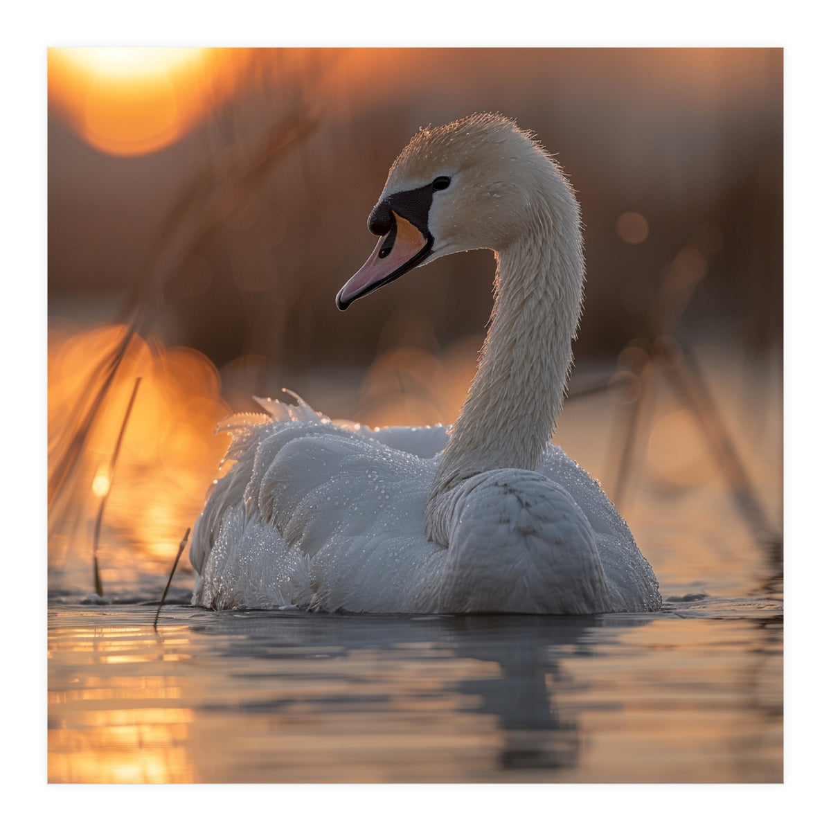 Majestic Swan Swimming At Sunrise Serene Water (Print Only)