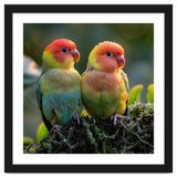Lovebirds Couple Perched On Mossy Branch Sunlight thumbnail