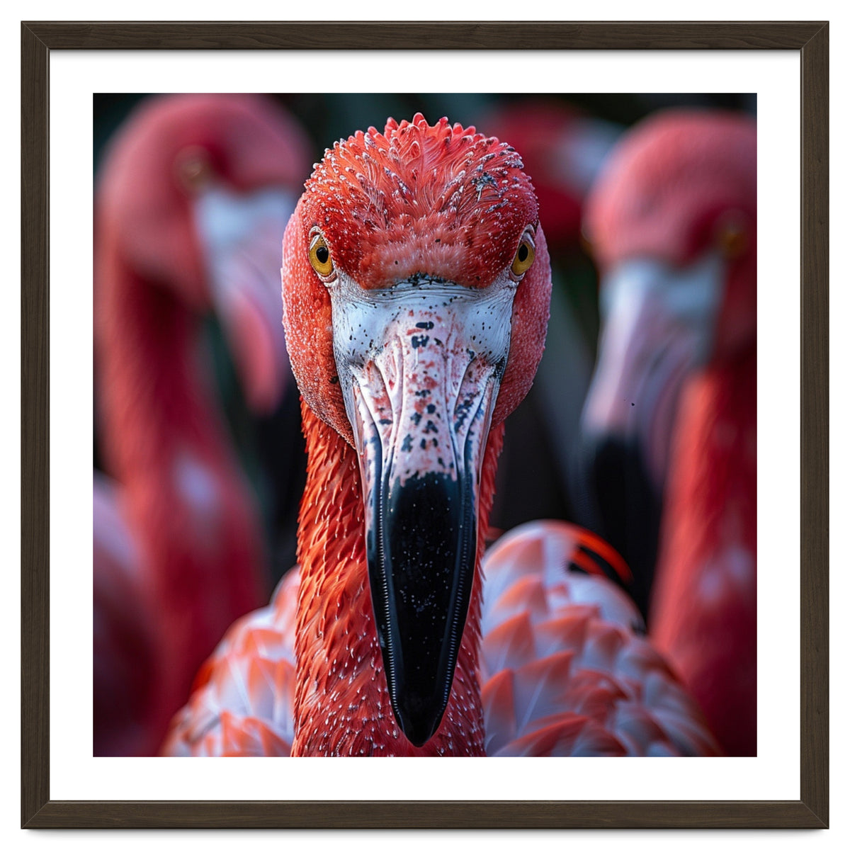 Close Up Of A Flamingo Bird Face, Pink Feathers