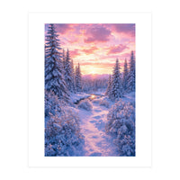 Winter Sunset Glow: Serene Snowy Forest and Frozen Creek (Print Only)