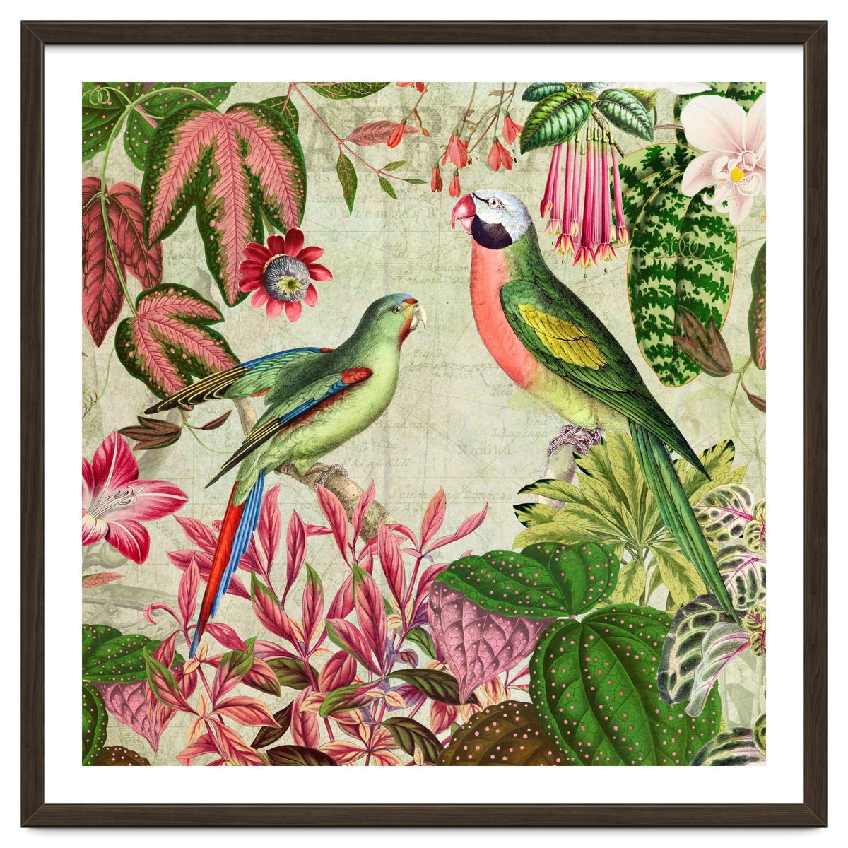 Exotic Lush Rainforest With Colorful Parrots And Flowers