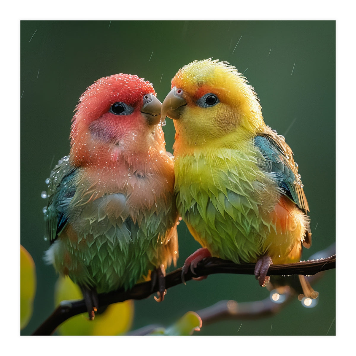 Two Lovebirds Perched On A Branch In Rain (Print Only)