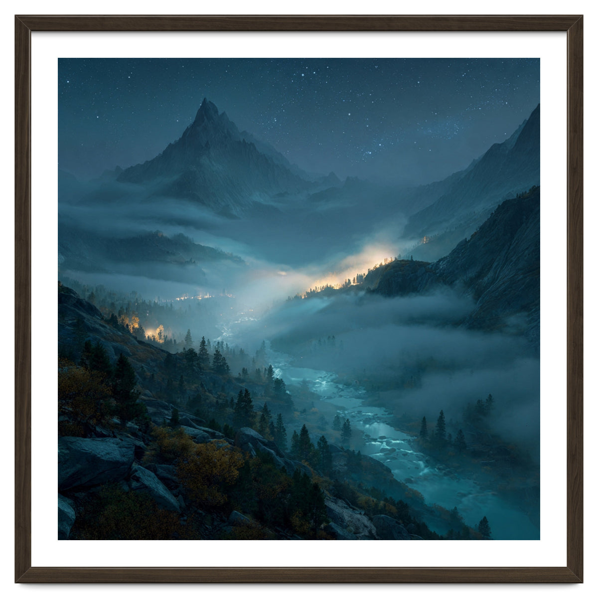 Moonlit Alpine Valley at Night with Shimmering River