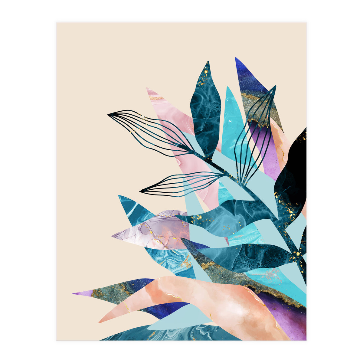 Marble Fantasy, Luxe Abstract Texture Botanical Concept, Eclectic Graphic Design Bohemian Contemporary (Print Only)