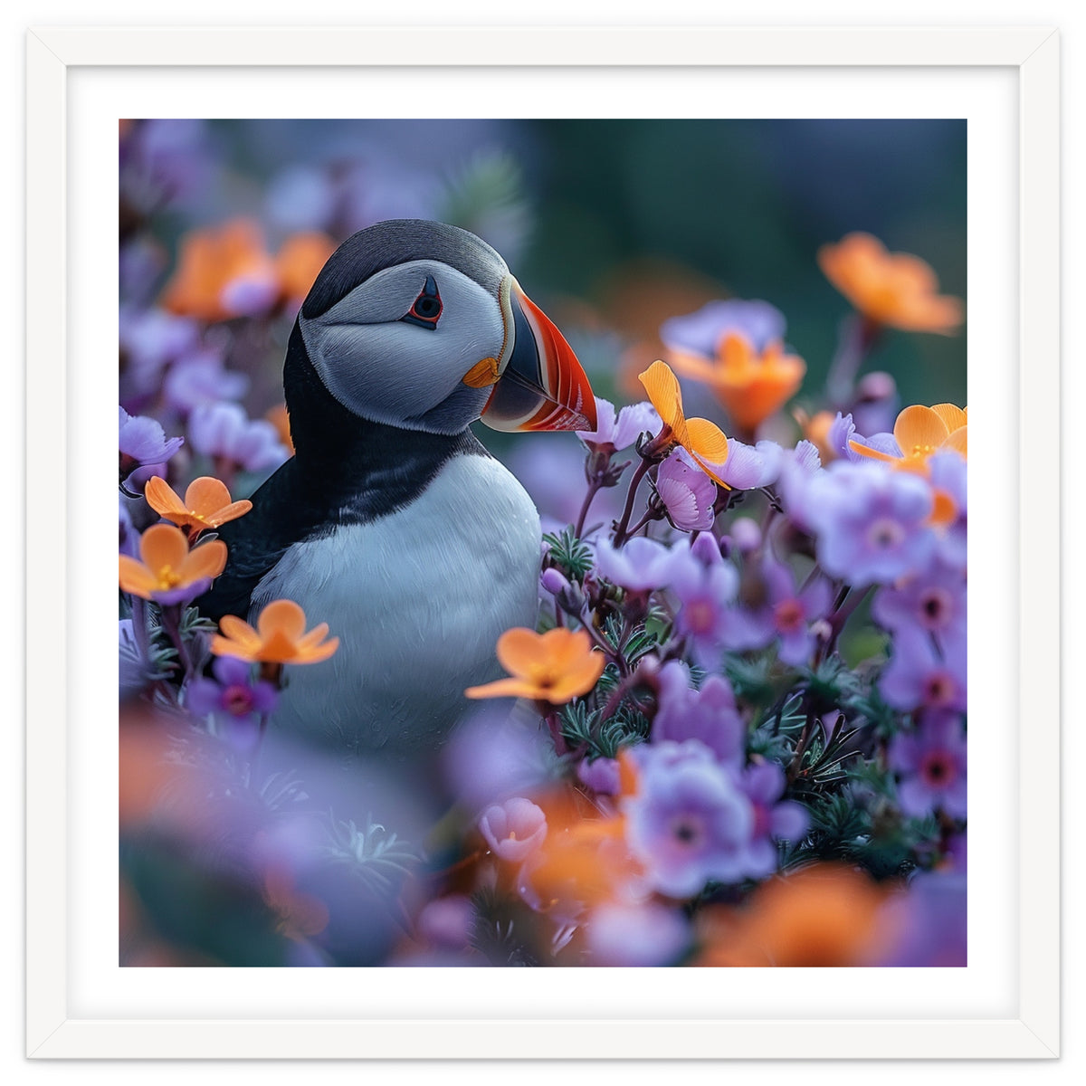 Puffin Bird Among Vibrant Purple And Orange Flowers
