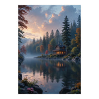 Serene Lakeside Retreat in Autumn Forest (Print Only)