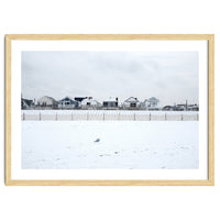 A seagull and snow covered houses