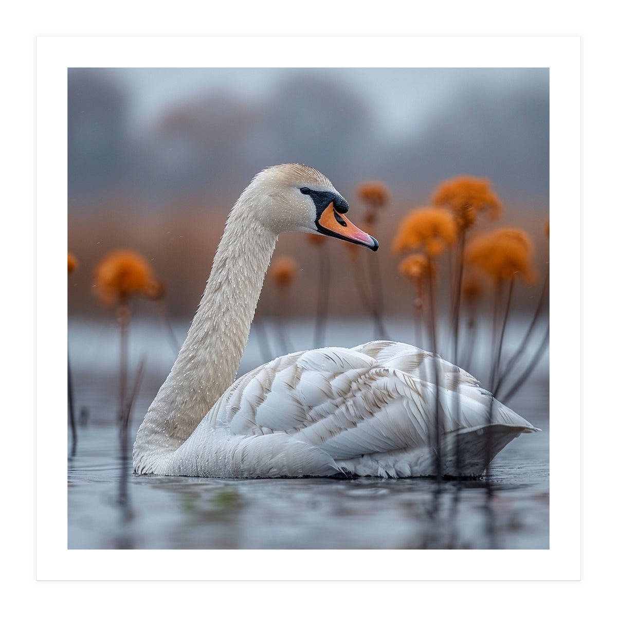 White Swan Swimming In A Lake With Reeds (Print Only)