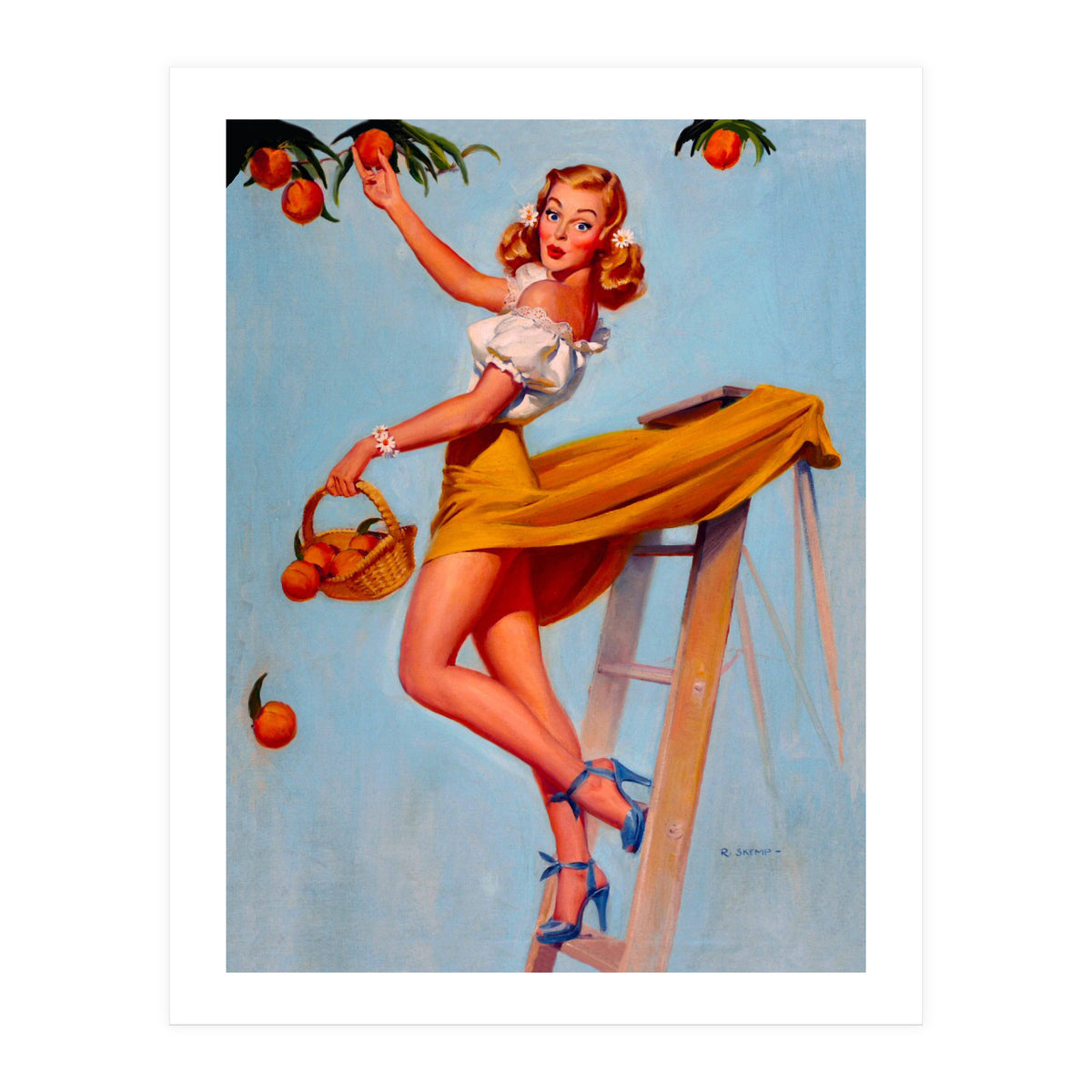 Pinup Sexy Woman Picking Oranges On A Tree Branch (Print Only)