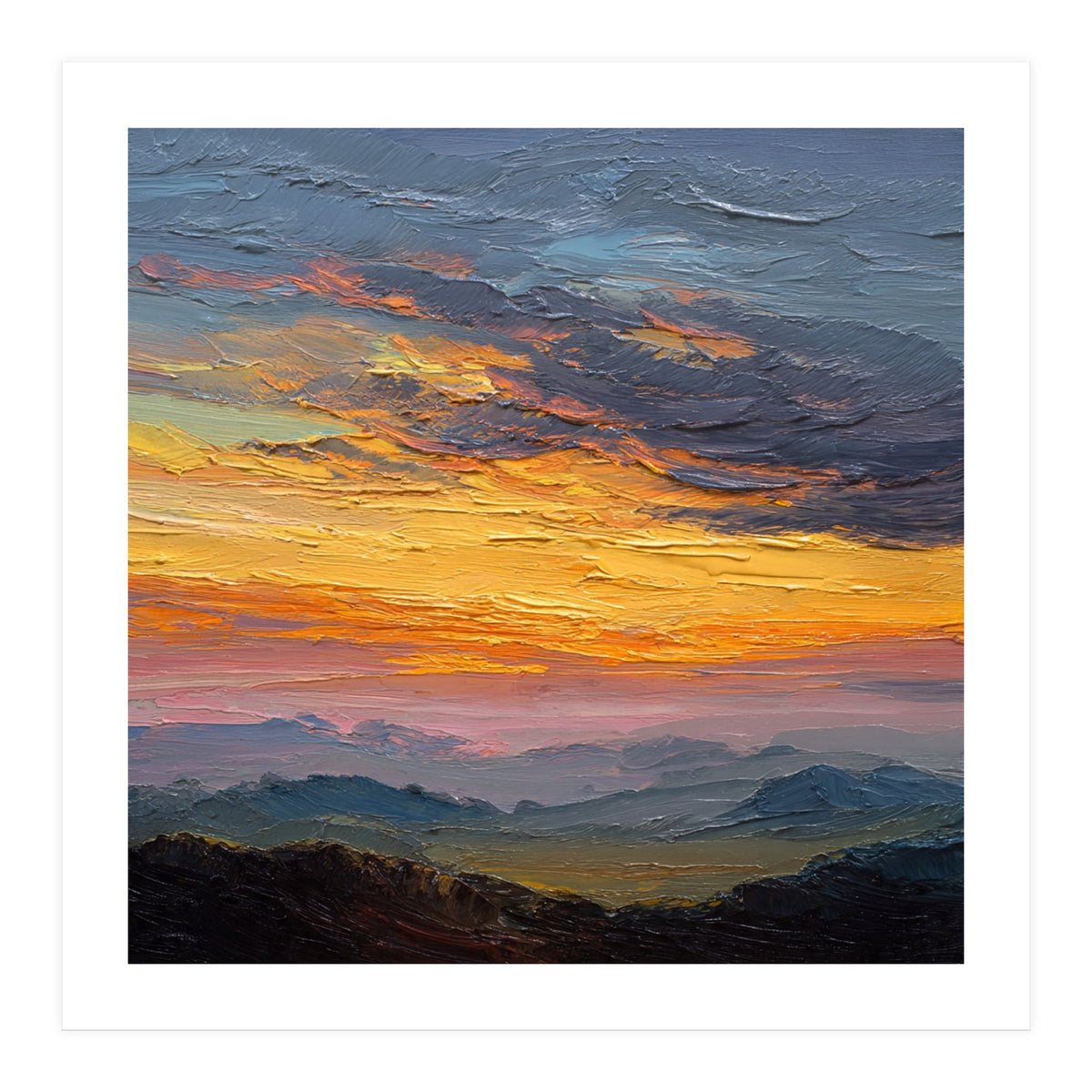 Vibrant Golden Hour Horizon Over Distant Mountain Ridges (Print Only)