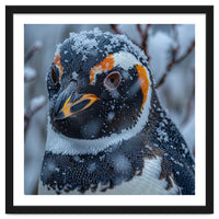 Penguin In Snow Falling Close Up Portrait