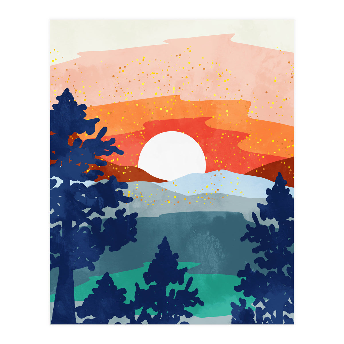 A Magical Sunset, Landscape Nature Illustration, Minimal Bohemian Painting, Mountains Adventure Travel (Print Only)