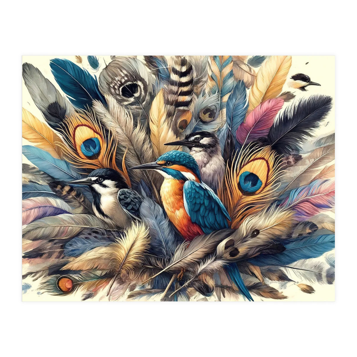 Kingfisher And Songbirds In Peacock Feathers (Print Only)