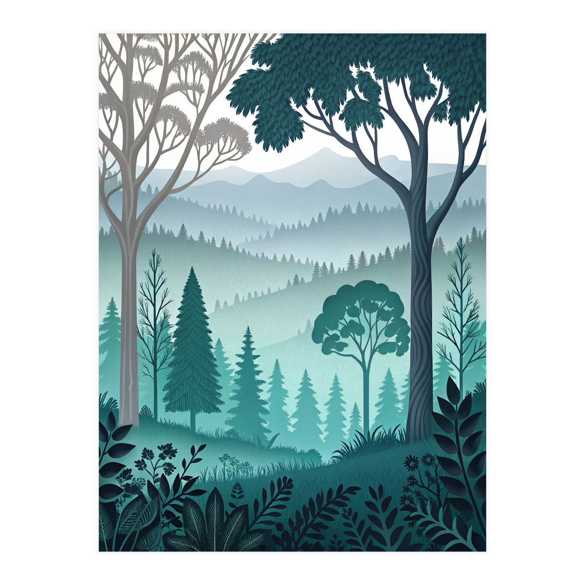 Vibrant Silhouettes in the Misty Teal Highlands (Print Only)