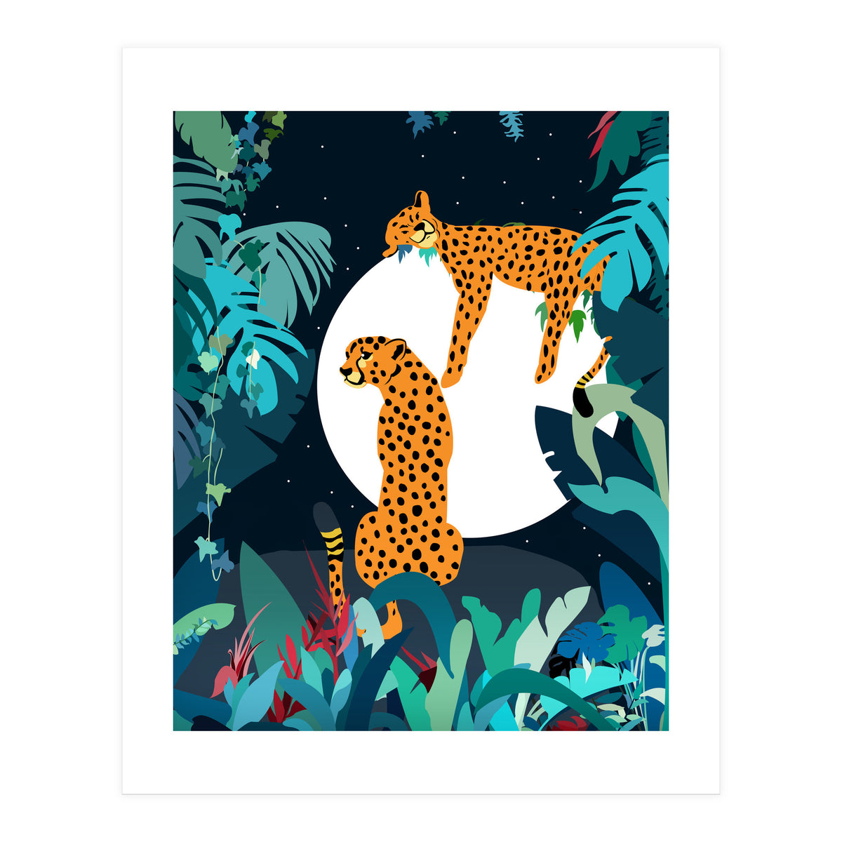 Over The Moon, Leopard In Love, Jungle Wildlife Tropical Tiger Botanical, Nature Cat Dark Animals (Print Only)