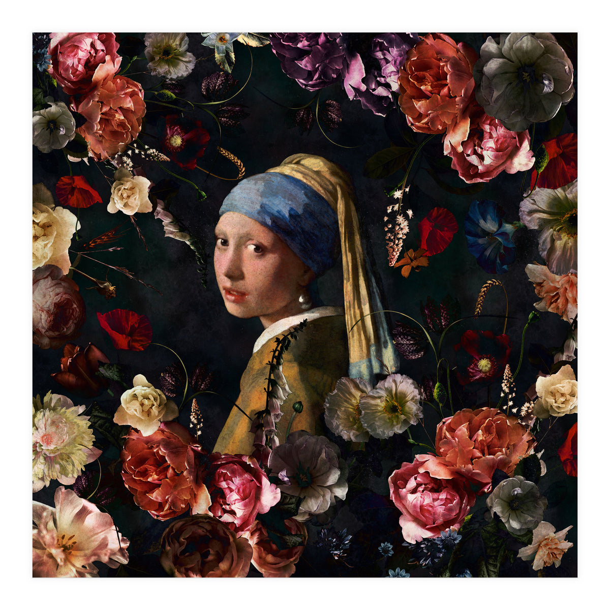 Girl With Pearl Earring And Flowers (Print Only)