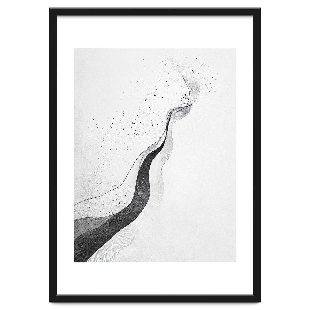 Abstract Black And White Ink Flowing Lines With Splatter