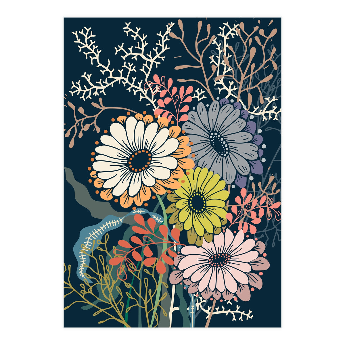 Springtime daisies dark blue (Print Only)