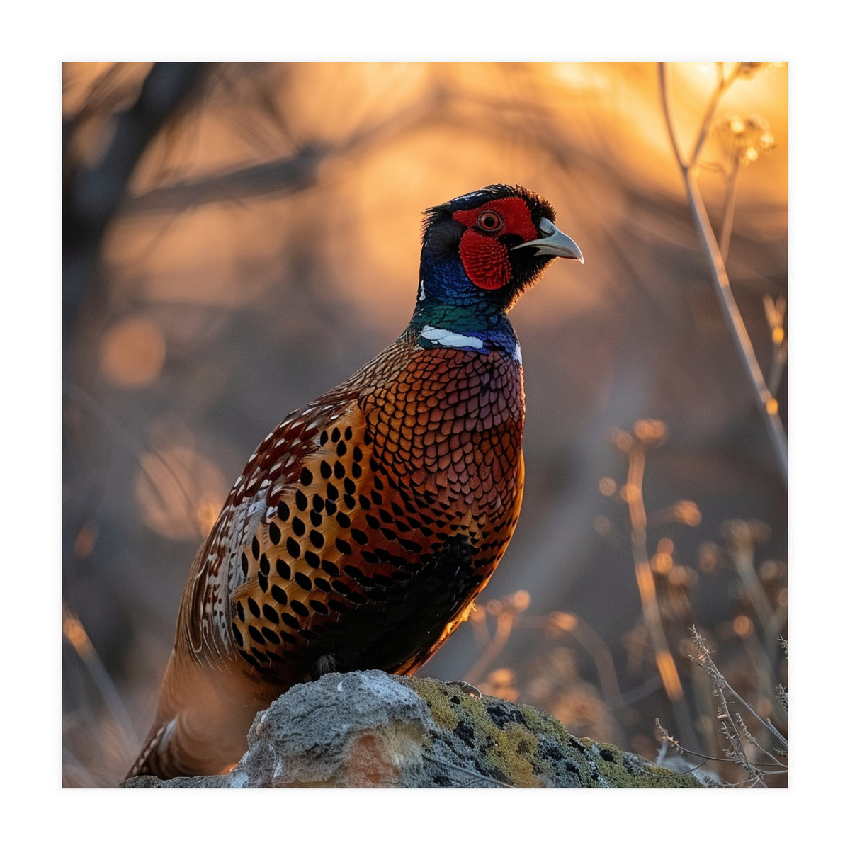 Pheasant Bird Standing On Rock Sunrise Light (Print Only)