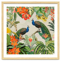 Vintage Exotic Asian Peacocks In Tropical Colorful Jungle Landscape