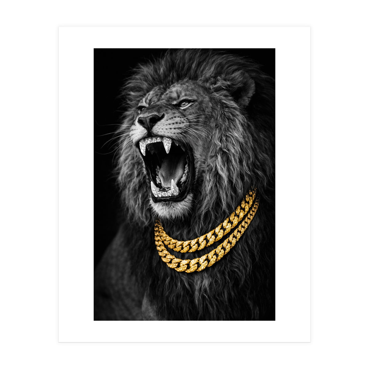 Bejweled hyper-realistic lion photography,diamond fangs portrait (Print Only)