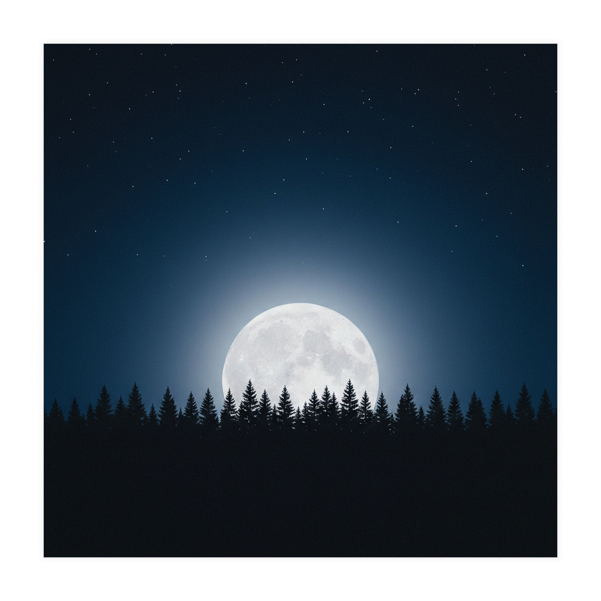 Midnight Serenity: Full Moon Over Forest Silhouettes (Print Only)