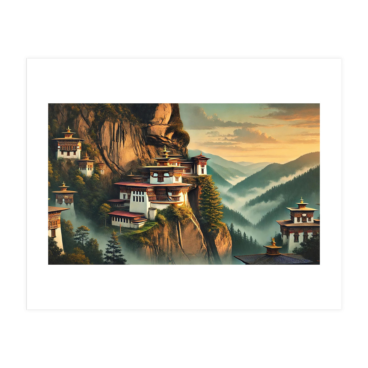Vintage Bhutan, Mountain Monasteries Poster (Print Only)