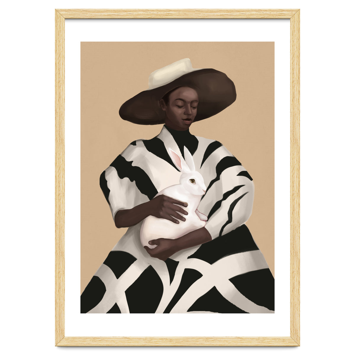 Woman In Stripes Holding A White Rabbit