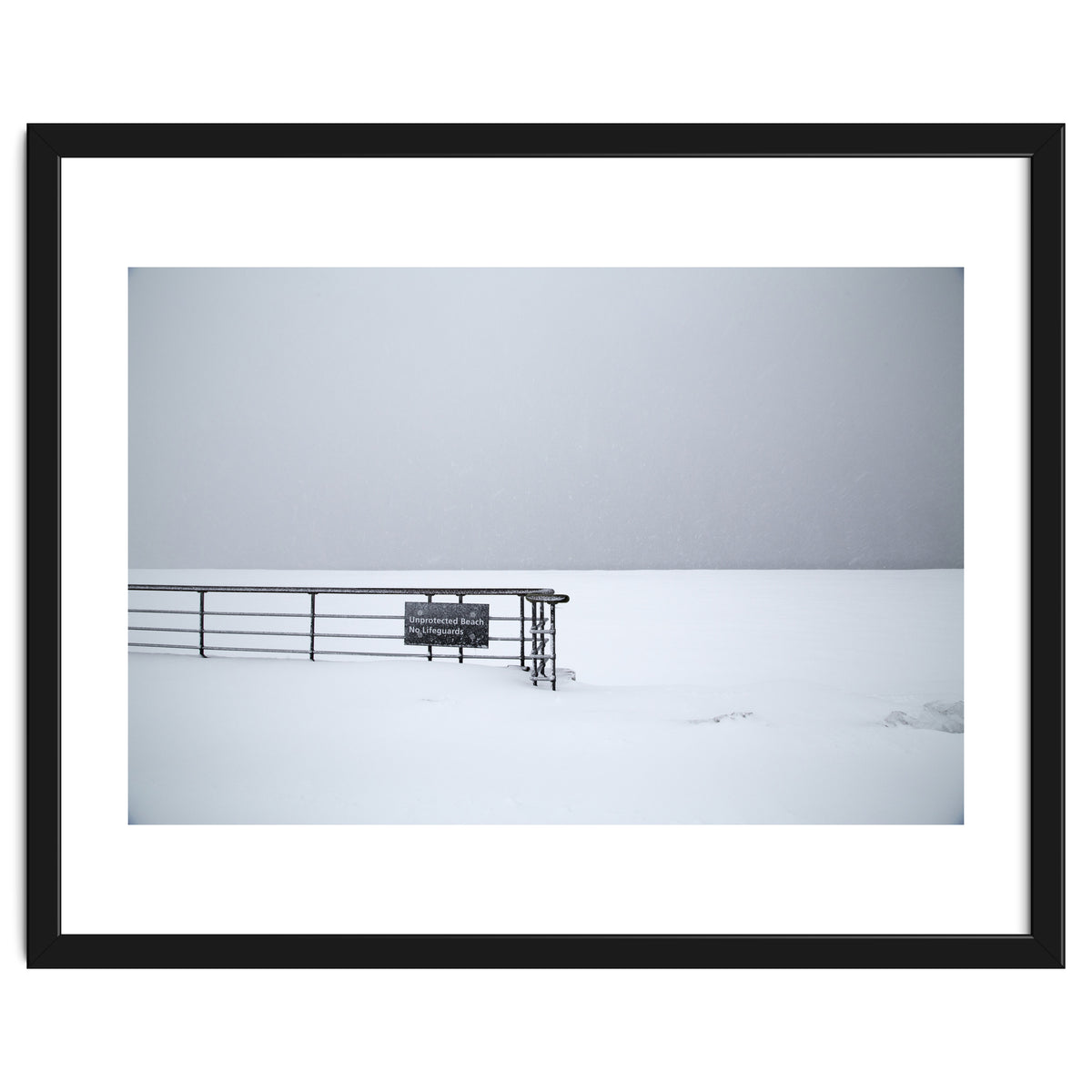 No lifeguards on the sign board in the winter snow beach