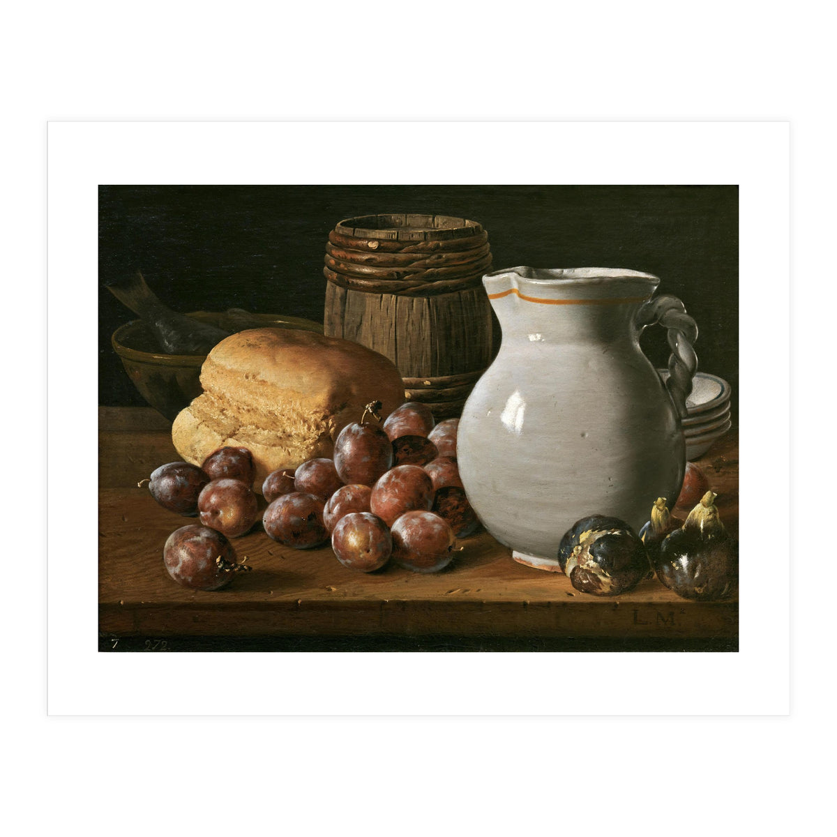 Luis Egidio Meléndez / 'Still Life with Plums, Figs, Bread and Fish', 18th century, Spanish School. (Print Only)