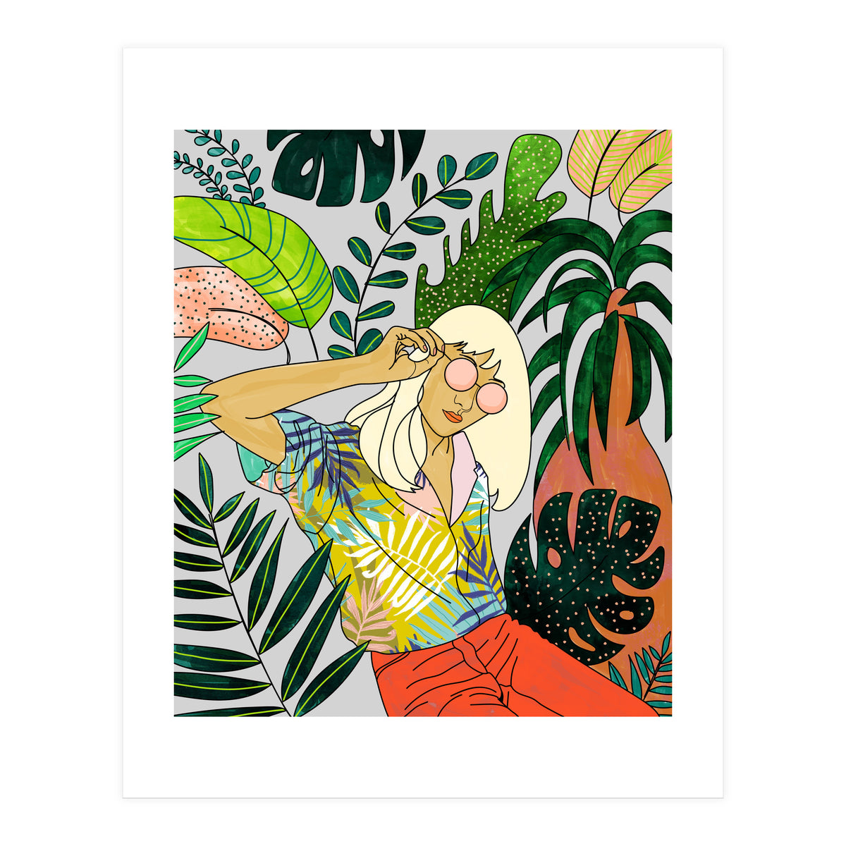 Spring Break, Tropical Bohemian Travel Line Art, Woman Fashion Palm Forest Jungle Watercolor Nature (Print Only)