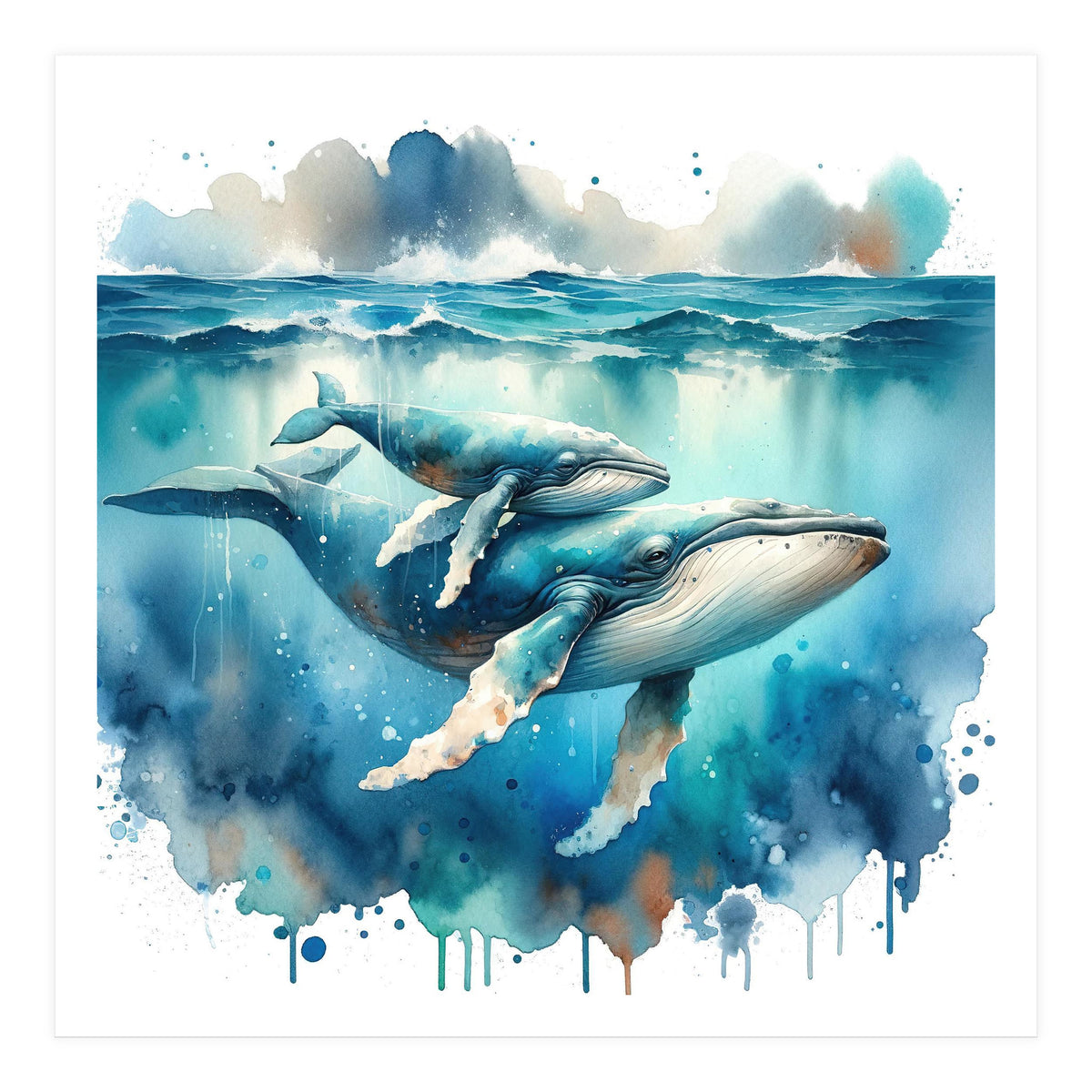 Mother And Calf Whales Watercolor (Print Only)