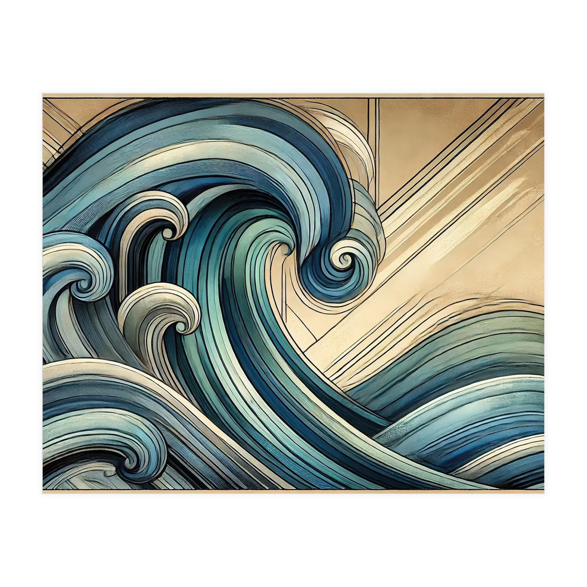 Art Deco Blue Ocean Waves (Print Only)