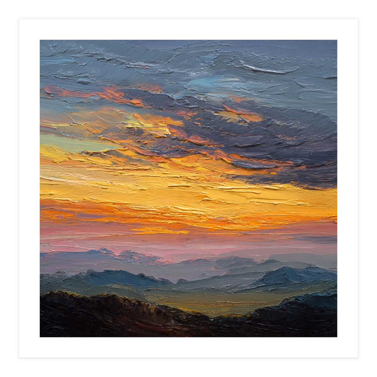 Vibrant Golden Hour Horizon Over Distant Mountain Ridges (Print Only)