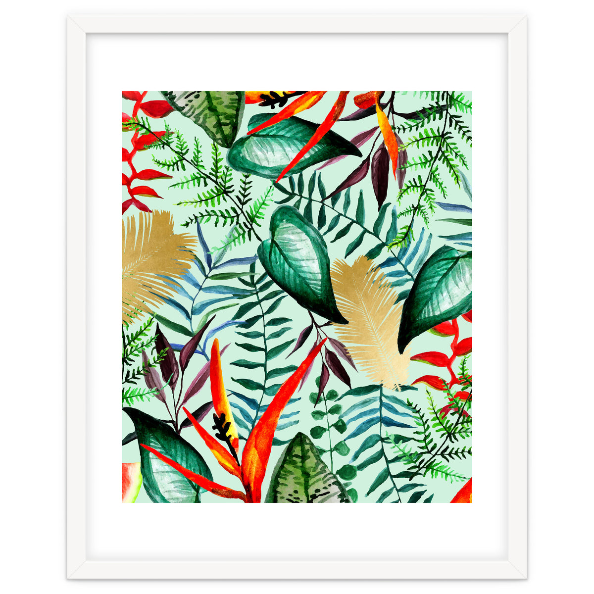 Paradise, Tropical Jungle Botanical Bohemian Illustration, Palm Bird of Paradise Gold Painting