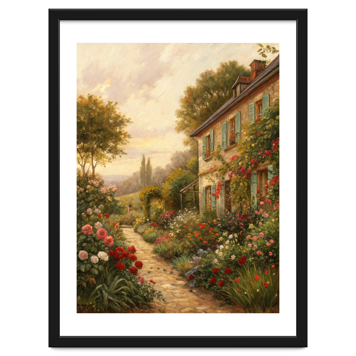 Idyllic Sunlit Cottage Garden Oil Painting