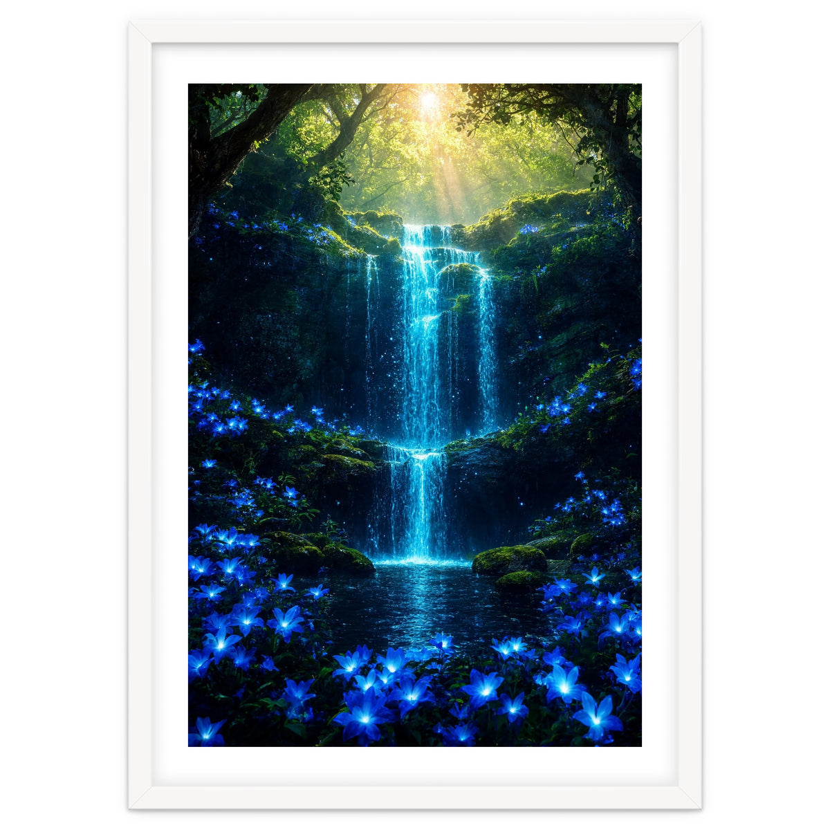 Ethereal Blue Waterfall: Magical Forest Oasis
