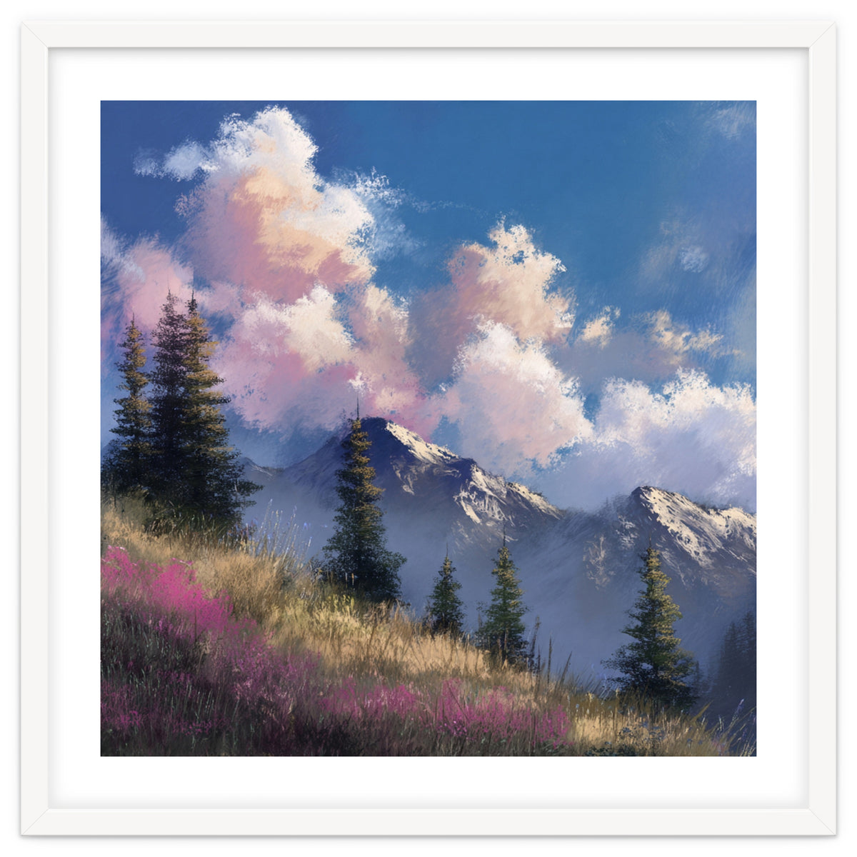 Alpine Summer Meadow with Vibrant Wildflowers and Snow