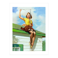 Pinup Sexy Girl Setting Up The Antenna On The Roof (Print Only)