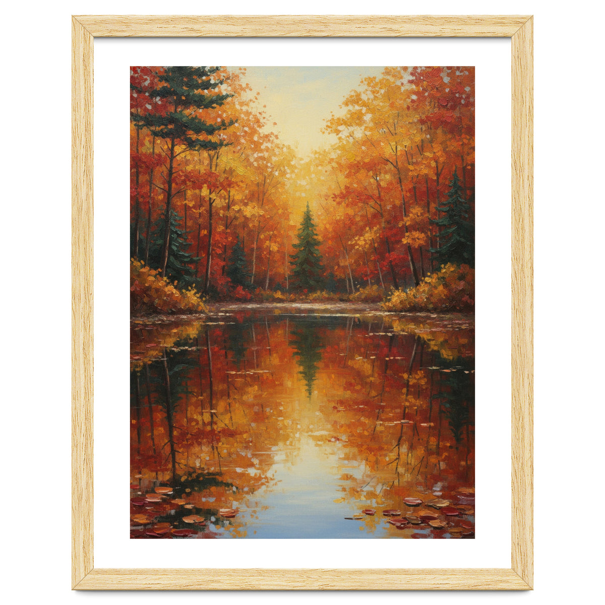 Golden Autumn Reflection: Impasto Forest Landscape