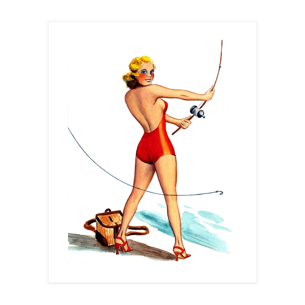 Pinup Girl Fishing On The Coast (Print Only)