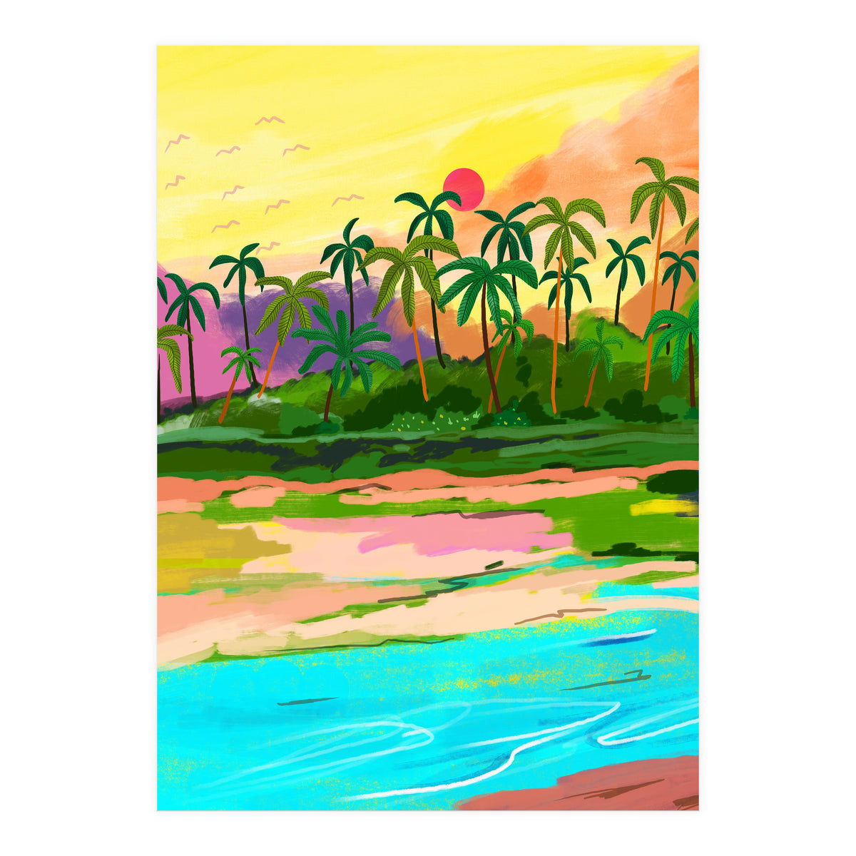 Tropical Backwaters Of Kerala, Nature Jungle Forest Landscape Painting, Dreamy Scenic Travel Lake Palm Bohemian (Print Only)