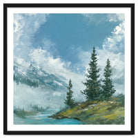 Ethereal Alpine River Valley with Snow-Capped Mountains